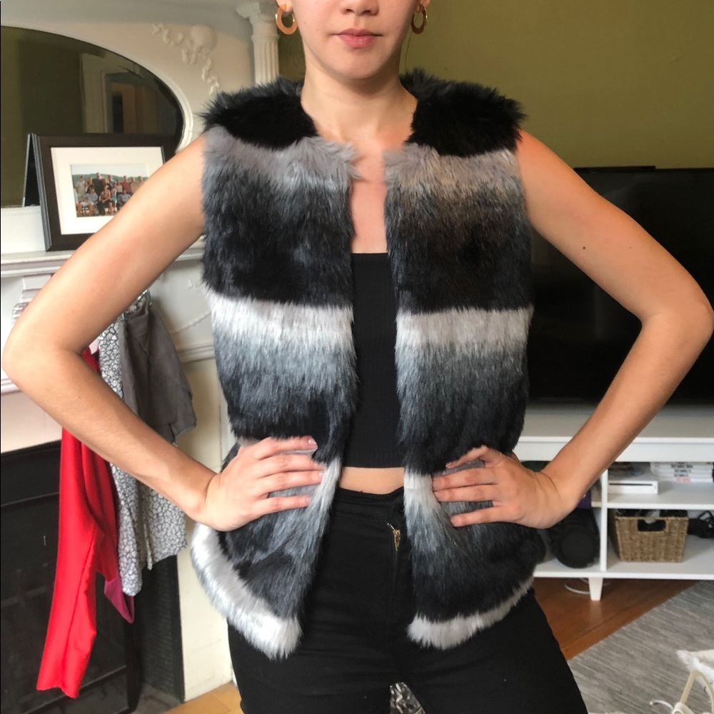 Black and gray faux fur vest